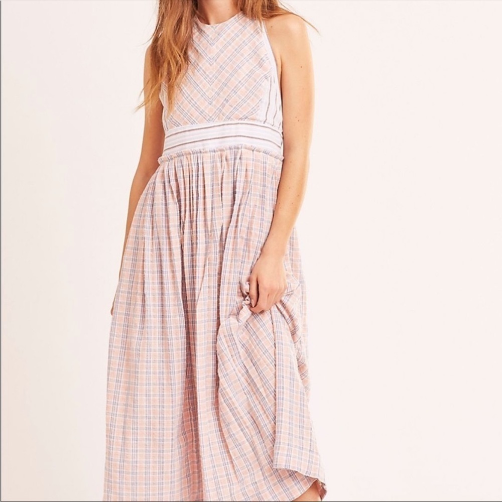 Free People Color Theory Plaid Open Back Tie Apron Relaxed Midi Dress Size XS - Picture 2 of 11